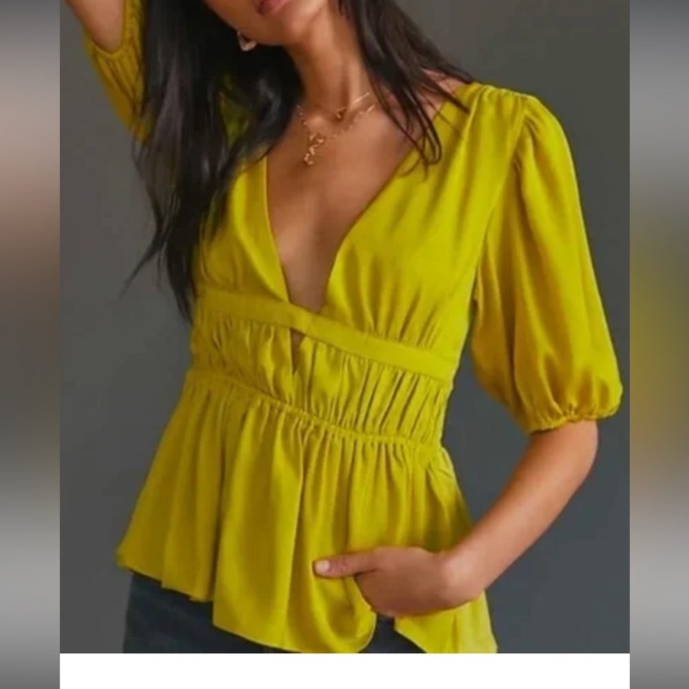 Anthropologie Yellow Green Deep V Peplum Blouse - Picture 6 of 7